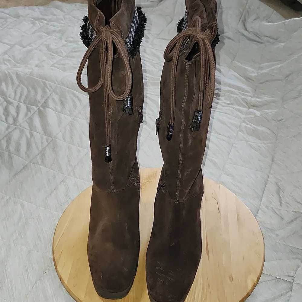 Diane Von Furstenberg Dark Brown Suede Wedge Boots Knee High Womens 10